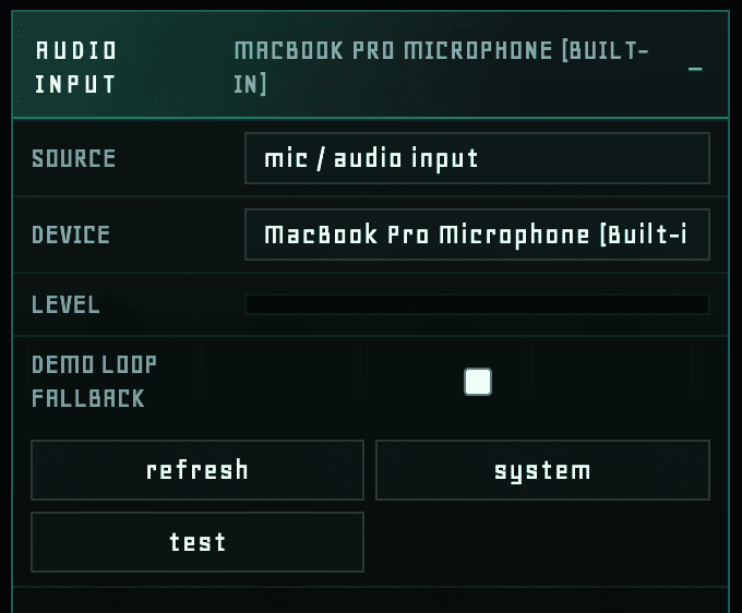 Audio input panel with microphone source, device selection and level meters