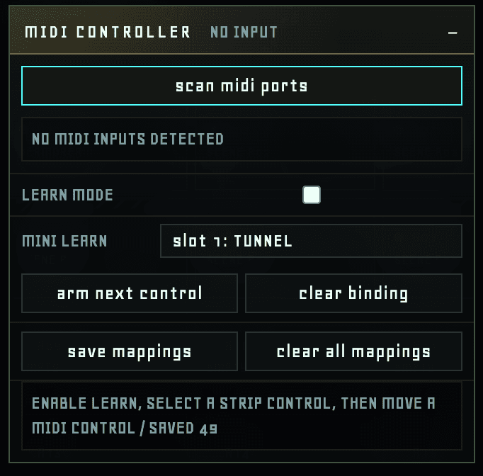 MIDI controller panel with port scan, learn mode and mapping save controls