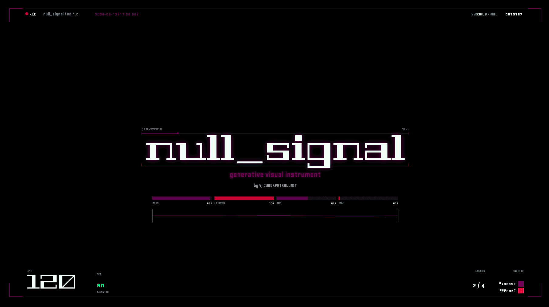 null_signal fullscreen output window with title card, REC overlay, BPM readout and audio meters